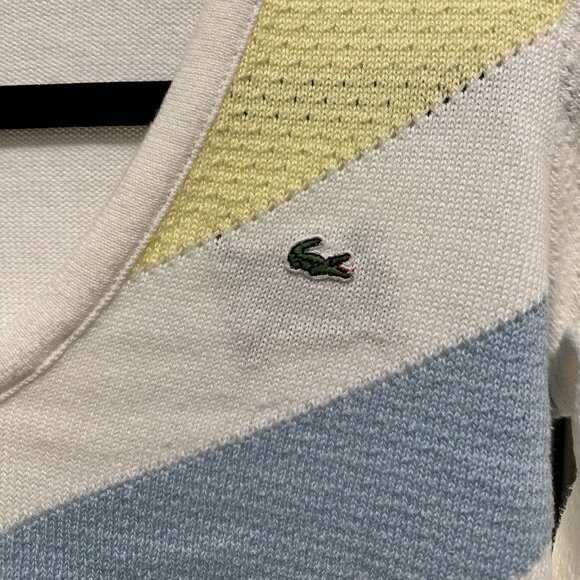 Lacoste Blue and Yellow Strip Knit Sweater - V shape Neckline - Picture 2 of 6